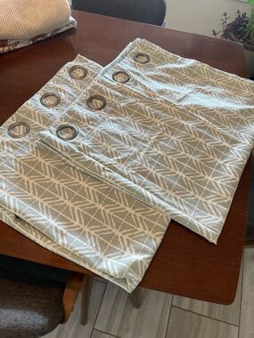 Cost Plus World Market Pale Blue and White Geometric Grommet Curtain Panels